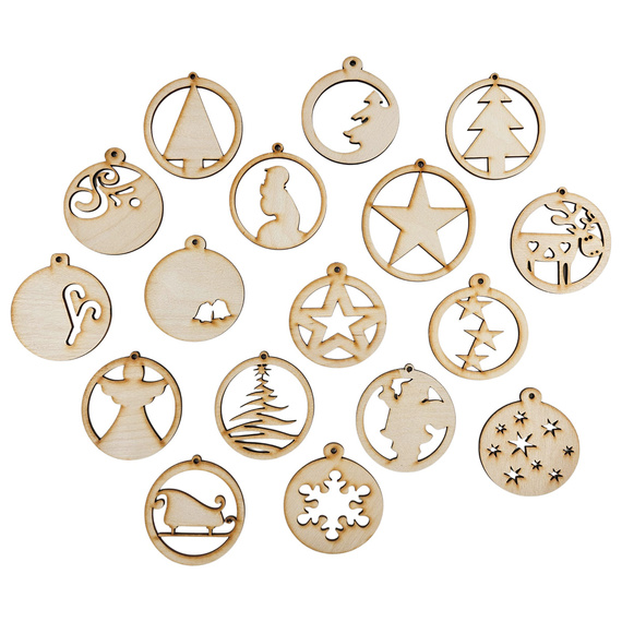 Holz-Christbaumanhänger Set 17 Stück - Muster-Mix - 6 cm